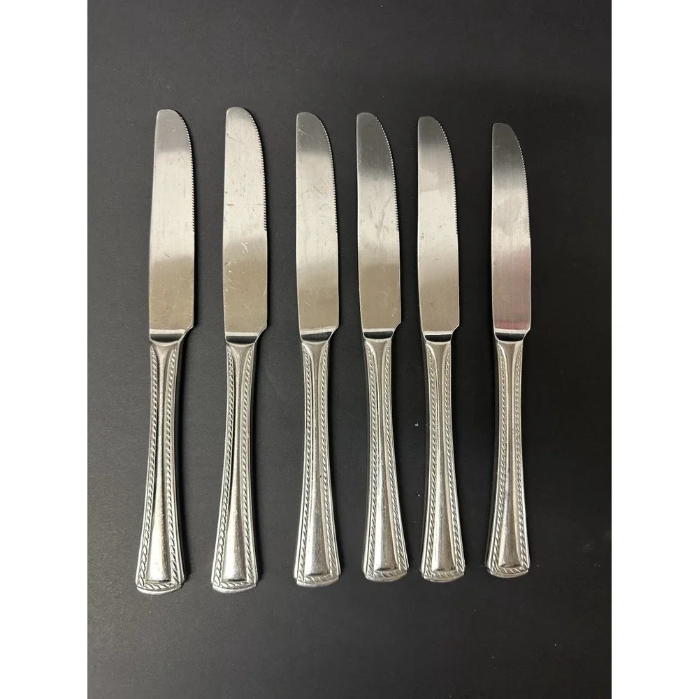Stainless Flatware Dinner Knives Twisted Rope/Cable Border Square Set Of 6